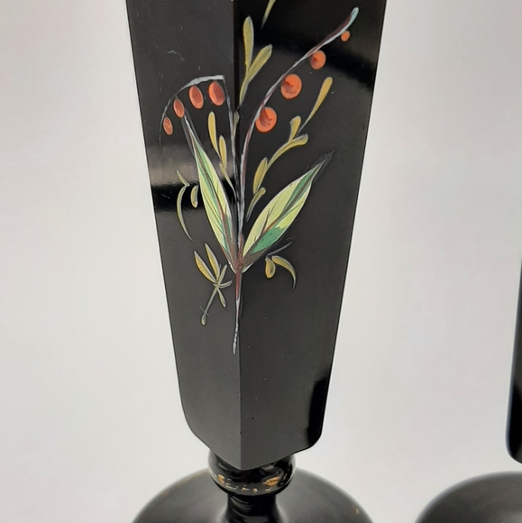Pair Antique Black Glass Bus Vases Hand Painted Enamel Floral Gold Gilt Accent - Picture 7 of 10